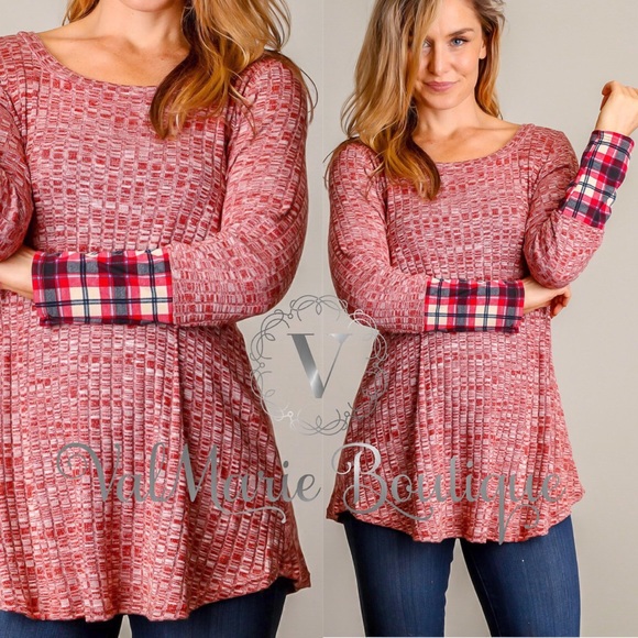 Autumn Red Plaid Ribbed Top - Picture 2 of 3